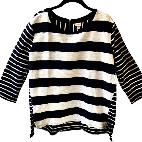 Navy Blue & White Striped Top Double Sided High/Low 3/4 Sleeve by Merona - Picture 4 of 13